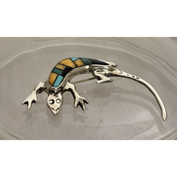 Native American Handmade Jewelry - Leonard Martza ZUNI Sterling Inlay Spiny Oyster/Turquoise/Onyx LIZARD Brooch